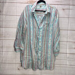 Violet Sky Womens 2X Turquoise Southwestern Stripe Button Down Tunic Shirt